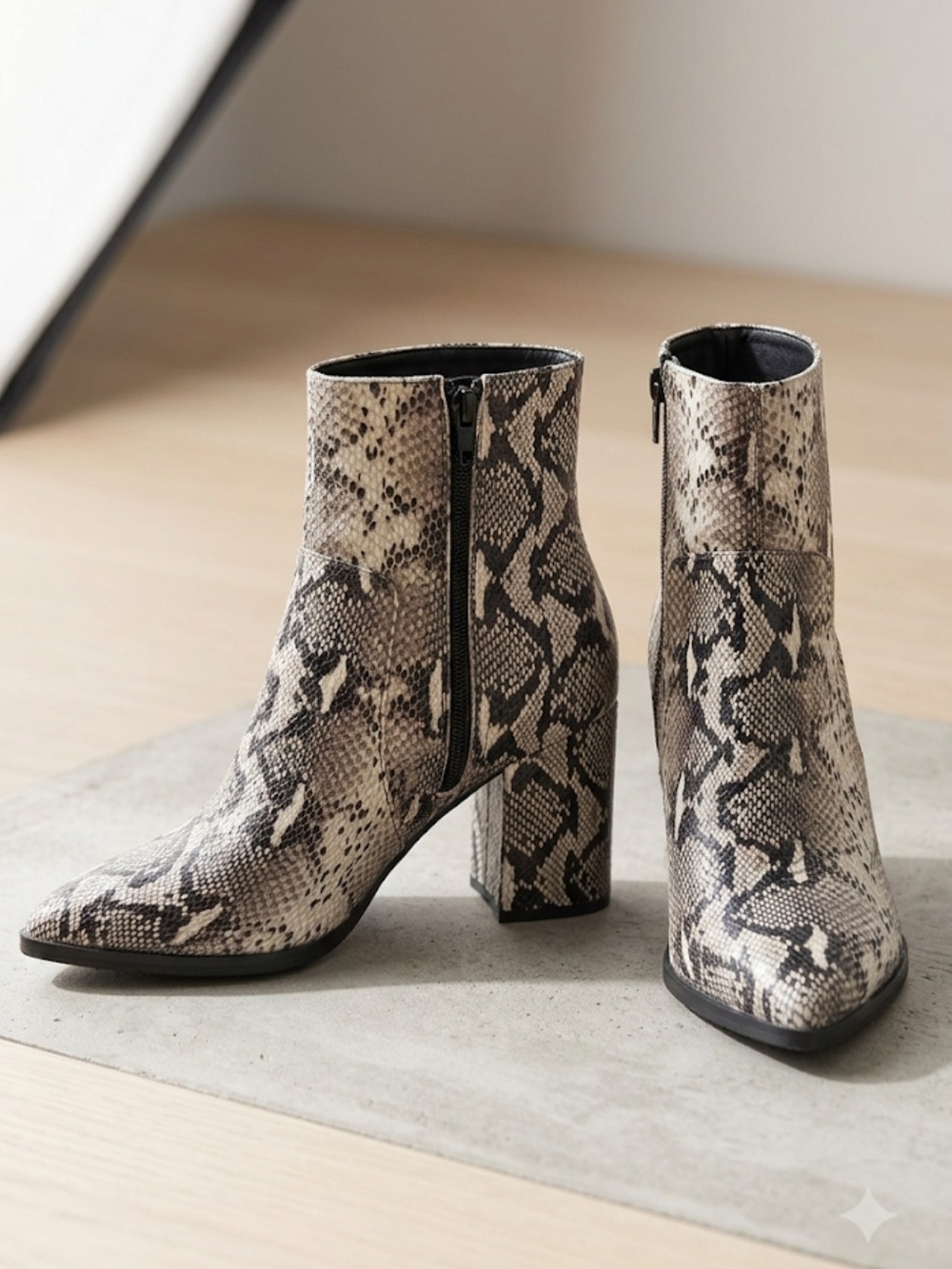 TONY BIANCO Snake-Print Block Heel Ankle Boots - Taupe/Black